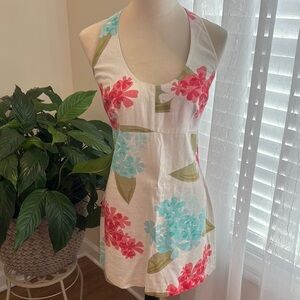 Floral Backless Dress - White with Pink and Blue Accents